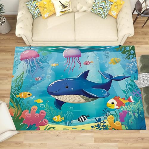 NAWVNMI Waschbarer Teppich Krabbelmatte Babyzimmer Kinder rutschfest Flauschig Teppich Teppich Kinderzimmer Junge Mädchen Kinderteppich, Wal - Unterseewal, 160 x 230 cm