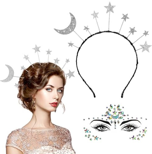 XoeLLe Haarreif Sterne + Gesichtstattoo Sterne, Glitzer Haarreif Galaxy Silber Discokugel Karneval Weltall Space Fasching Halloween Geburtstag Party Kostüm Haarreifen Haarschmuck für Damen Mädchen