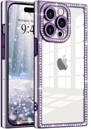 ROSEHUI Glitter Case for iPhone 14 Pro Max,Clear Rectangle Electroplated Sparkle Bumper with Bling Rhinestones Phone Case for Women,Sparkly Diamond Camera Protection Soft Slim TPU Cover-Purple