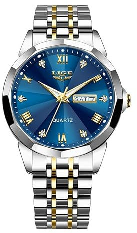 LIGE Herren Uhren Wasserdicht Quarz Watches for Men Edelstahl Männer Uhr Mit Datum Business Silber Gold Elstahlarmband Leuchtend Armbanduhren für Herren,BlauGold