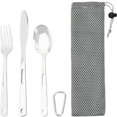 Ziyonix Campingbesteck 3 Stück, Tragbares Reisebesteck Edelstahl Besteck für Reise, Outdoor Besteck mit Karabiner,Löffel Gabel Messer Kombi, Wiederverwendbare Reisebesteck Besteckset