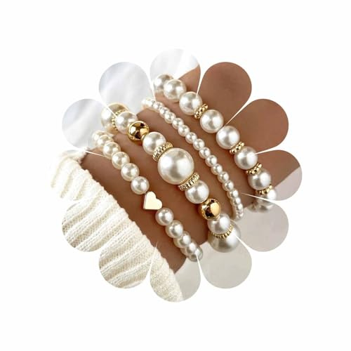 Wendalern 4 Stück Herz Perle Perlen Armband Set Stapelbar Elastische Armbänder Mehrschichtige Simulierte Perle Strang Stretch Armreifen Hochzeit Handgelenk Schmuck Geschenke Für Frauen