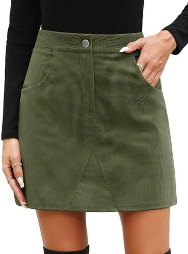 heekpek Women's Corduroy Mini Skirt A Line Autumn Winter Short Skirts High Waisted Wrap Skirts for Ladies School, Work and Daily Wear, Green, XL