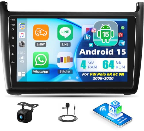 SIXTOP Android 15 4+64G 9 IPS Pantalla Coche para VW Polo 6R 6C 9N 2008-2020, Radio Coche Bluetooth con CarPlay Inalámbrico, Android Auto, GPS, WiFi, 32EQ, Cámara de Marcha Atrás y Micrófono
