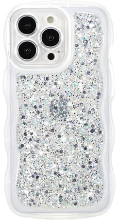 ZTOFERA Sparkly Sequins Wavy Case for iPhone 12 Pro Max (6.7), White | Cute Girly Women Case, Curly Wave Frame Shape, Bling Shiny Glitters, Clear Soft TPU Back Case, Shockproof Protective Cover