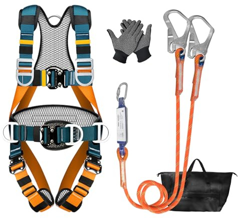 Imbracatura di sicurezza anticaduta completa con doppia corda con assorbitore, 140 kg, imbottitura traspirante, fibbie rapide, cintura sicurezza per tetti, arrampicata, edilizia, lavori in quota, uomo