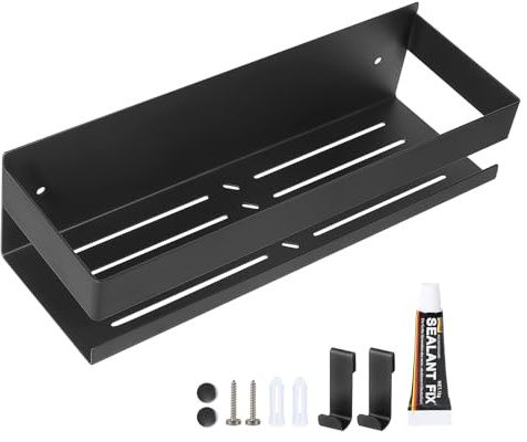 EXLECO Duschablage Ohne Bohren Duschregal Wand Edelstahl 30x10x8CM Schwarz | Badregal mit 2 Haken Duschkorb zum Bad Regal Badezimmer Aufbewahrung Wandregal für Shampoo Duschgel 7.5cm Hoch