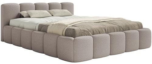 Selsey Polsterbett 200x200 cm Modernes Bettgestell mit Lattenrost Elegantes Design in Hellgrau Bouclé Robuster Holzrollrost für Komfort Bodenschonende Kunststoffgleiter Max Belastung 250 kg