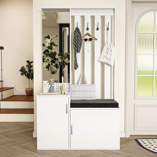 JiaOyu Garderobenständer mit Schuhbank, Modern Weiß Kleiderständer mit Haken und Spiegel, Freistehender Flurgarderobe Set mit 2 Türen für Eingangsbereich Schlafzimmer Wohnzimmer (180x40x100cm)