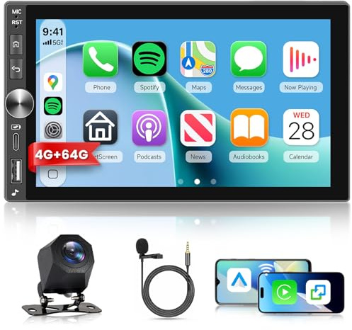 Hodozzy 4G+64G Android Autoradio Doppel Din mit Wireless Carplay Android Auto, Radio Multimedia 7-Zoll-Touchscreen 2 DIN Autoradio mit GPS-Navi Bluetooth DSP, WLAN, FM-RDS, Typ C/USB, Rückfahrkamera