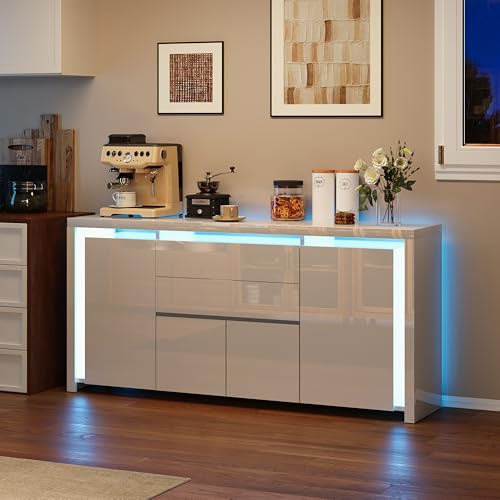 KSFASHZ LED Sideboard Weiß Hochglanz mit 4 Türen & 2 Schubladen, Moderne Buffet Schrank TV-Möbel für Esszimmer,Wohnzimmer,160x35x75 cm