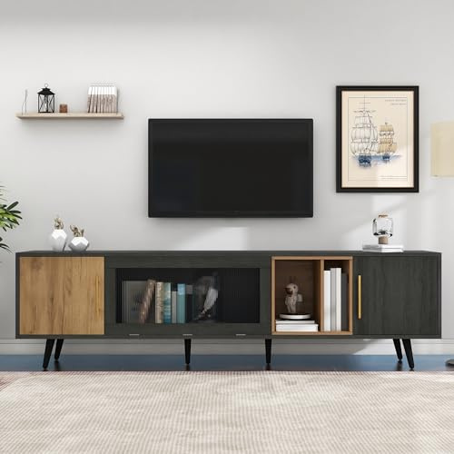 LZPUOUI Mobile TV 200 cm in legno scuro con ante laterali sportello centrale in vetro Changhong vano aperto gestione cavi struttura in MDF mobile porta tv per soggiorno