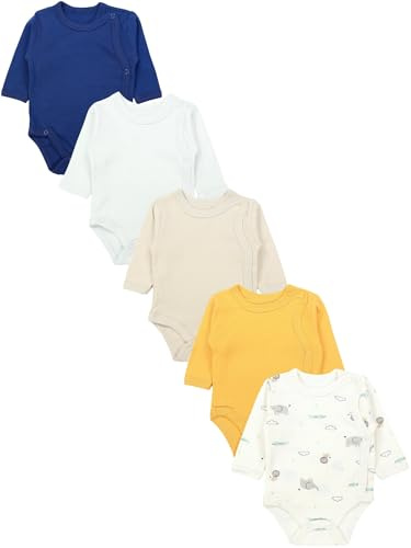 TupTam Baby Body Langarm – Wickelbody Langarm für Jungen & Mädchen, 5er Pack, 100% Baumwolle, OEKO-TEX, Farbe: Gelb_Blau_Beige_Tiere_Grau, Größe: 68