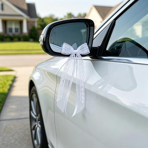 20 Stück Autoschleifen Hochzeit, Weiß Spitze, Elegante Schleifen | Auto Hochzeit, Dekoration für Brautwagen, Spitze Schleifen für Feier, Festliche Hochzeitsdeko Auto Hochzeit Feier