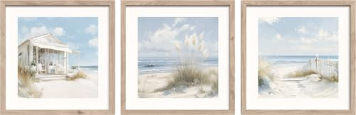 STYLER Bilder Set By the Sea 3x 30x30 cm (AUFHÄNGFERTIG) mit hochwertigem Holzrahmen – Maritime Wandbilder Strand & Dünen – Boho Küsten Poster in Beige Blau