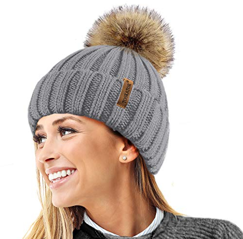 TOSKATOK® Womens Winter-Rib Strickmütze/Beanie mit abnehmbaren Chunky Faux Fur Bobble Pom Pom-Grey