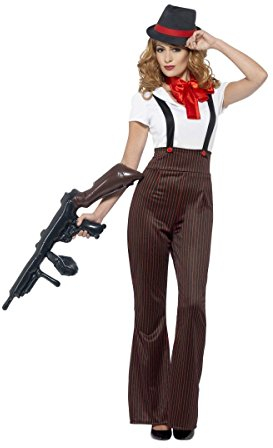 Smiffys Glam Gangster Kostüm, Schwarz Rot, mit Oberteil, Hose, vorgetäuschten Hosenträgern, Krawatte Hut Halloween