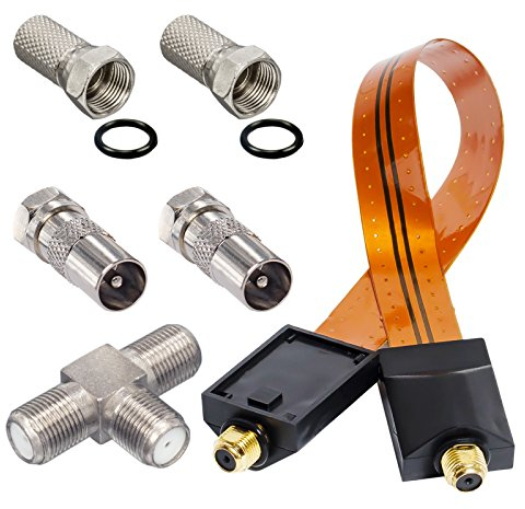 HB-DIGITAL Adapter-Set. 2 DVB-T/T2 Receiver mit nur Einer aktiven DVB-T/T2 Antenne betreiben. Inkl. Fensterdurchführung Gold Flachkabel. Für Terrestrische Antennen mit F-Stecker Ausgang