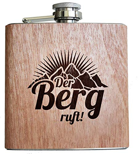 Der Berg ruft - Holz Flachmann! Geschenk Idee zum Wandern Klettern Bergsteiger Ski Fahrer Urlaub für Männer und Frauen