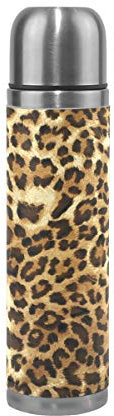 WowPrint Travel Mug, Vintage Animal Leopard Print Insulated Stainless Steel Water Bottle Leak Proof Double Wall Thermos Vacuum Flask Genuine Leather Wrapped 500ml