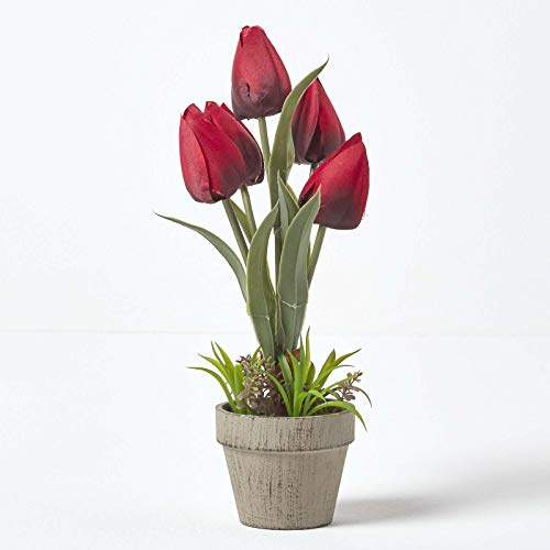 HOMESCAPES Red Artificial Tulips Plant In Rustic Grey Stone Pot 27cm Tall Faux Decorative Potted Plant With Lifelike Leaves For Indoor Decoration