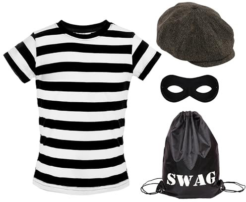 I LOVE FANCY DRESS Child's Storybook Burglar Costume - Black and White Top, Black Eye Mask, Grey Flat Cap and Black Drawstring Bag With Swag on Front - Perfect for World Book Day