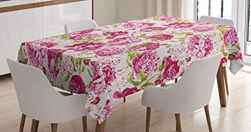 ABAKUHAUS Blume Tischdecke, Pfingstrosen und Blattblumen, Schmutzabweisend Pflegeleicht Waschbar Druck Mit Klaren Farben ohne Verblassen, 140 x 200 cm, Olivengrün Weiß Rosa