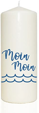 WB wohn trends Spruchkerze, Moin Moin Welle, blau, 20cm, 765g d8cm, Kerze mit Spruch, Brenndauer ca 70 Std maritim