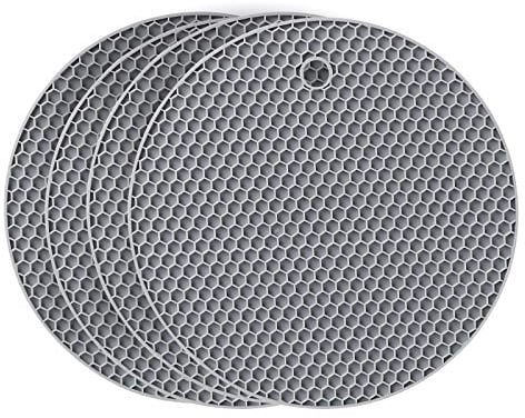 flintronic Silicone Table Mat, 4PCS Silicone Trivet Non-Slip, 18CM Honeycomb Kitchen Table Pad Multi-Purpose Hot Pads, Spoon Rest, Cooking & Dining (Circle-Grey)