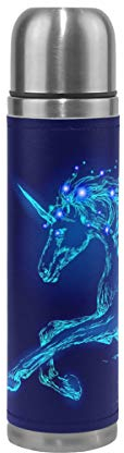 BKEOY Thermosflasche, Vakuum-isoliert, Edelstahl, doppelwandig, auslaufsicher, Blau, leuchtendes Einhorn, Pferd, personalisierbar, bedruckt, echtes Leder, 500 ml