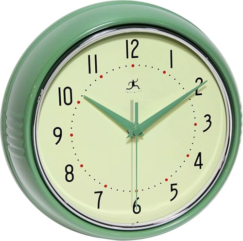 Infinity Instruments LTD. Retro Wanduhr für Küche, Esszimmer, Quarzuhrwerk, Retro, 22,9 cm, geräuschlos, Nicht tickend, Mitte des Jahrhunderts, Grün