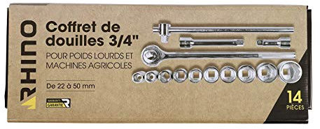 RHINO - Ensemble de clés à cliquet - Coffret clé à cliquet (Poids-Lourd, véhicules agricoles) + 10 Douilles Poids-Lourd (6pans) - Diamètre 22 à 50 mm - Carré 3/4 - Jeux de Douilles - Garantie 5 Ans
