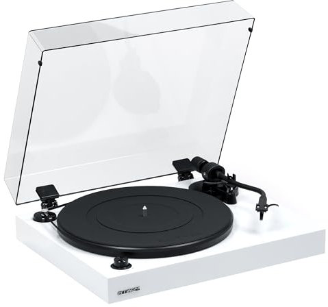 Fluance RT82 Reference High Fidelity Vinyl Turntable Record Player with Ortofon OM10 Cartridge, Speed Control Motor, High Mass MDF Wood Plinth, Vibration Isolation Feet - Piano White