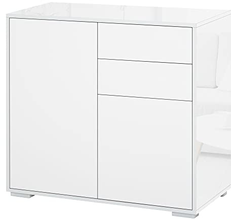 HOMCOM Mobiletto 2 Cassetti e 2 Ante da Ingresso 79x36x74cm Bianco Opaco | Apertura a Pressione, Mobile per Casa e Ufficio