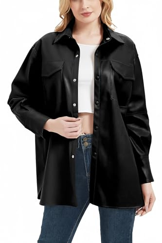 RISISSIDA Women Faux Leather Shacket Jacket Spring Fall Vegan Pleather Casual Lapel Button Down Long Sleeve Shirts,Black,L