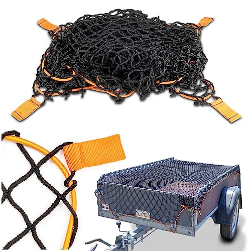 CargoVA® Intelligentes Anhängernetz dehnbar 1,5x2,2 bis 2,5x3,5 M - elastisches Hängernetz schwarz mit Gummiseil und Eckenmarkierung - für die perfekte Ladungssicherung