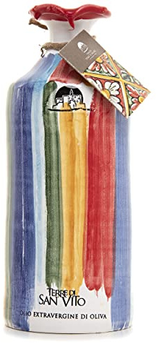 Terre Di San Vito Extra Virgin Olive Oil – Stripe Terracotta Jar 475ml | 100% Organic and Locally Grown – No Synthetic Fertilizers or Pesticides | Hand-painted Jars – Handmade Storage Vessel