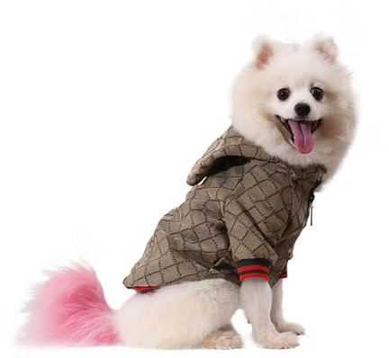 HQREA Luxuriöser Hunde-Kapuzenpullover für den Winter, Klassische Designer-Haustierkleidung, Mantel, Französische Bulldogge, Teddy, Mops, Welpen, Kleidung, Braun, Größe XXL