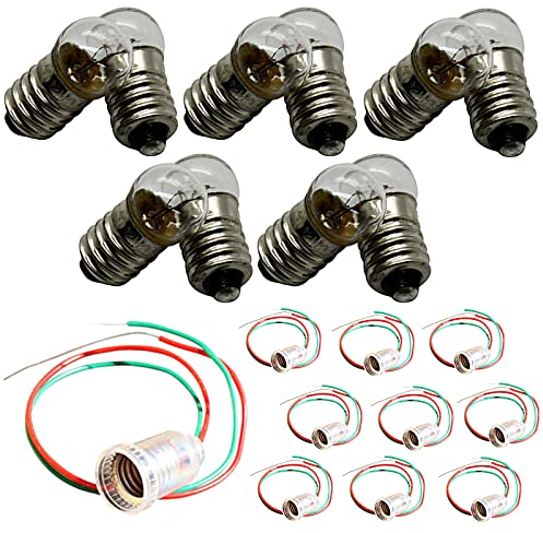 10x E10 6V / 12V LAMPENFASSUNG + Glühlampe/LED Lampe Fassung Kabel Sockel (12V - Fassung mit Kabel, Glühbirne - warmweiß)