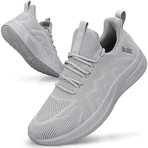Feethit Baskets et Chaussures de Sport Homme Tennis Respirant Légères et Confortables de la Mode de Marche Fitness Running Tennis Outdoor Gym Jogging Sneakers Hommes Gris Clair 46 EU
