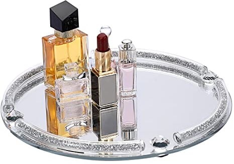 BTSKY Bandeja de cristal con espejo de 25 cm con marco de diamantes triturados - Bandeja redonda decorativa de cristal para perfume cosmético y joyería, bandeja de taza
