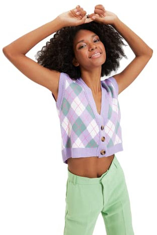Trendyol V-Ausschnitt Kariert Regular Strickweste Maglione, Viola, M Donna