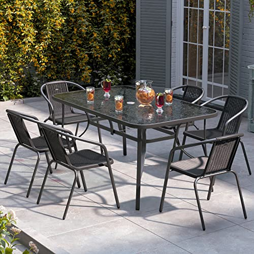 DKIEI 7 Piece Rattan Garden Furniture Dining Set, 150*90cm Rectangular Glass Table and 6 Garden Wicker Rattan Chair, with Umbrella Hole, Outdoor Furniture Set for Patio Balcony Bistro Backyard, Black