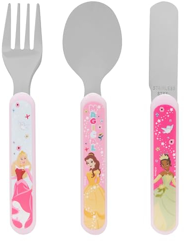 Disney Princess 3 Piece Cutlery Set - Metal, Reusable Children's Knife, Fork & Spoon, Kids-Size, Made from Food-Safe Stainless Steel & ABS Plastic - with Belle, Tiana & Aurora - for 12 Months & Up