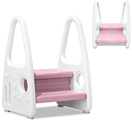 TRMLBE Kinder Tritthocker 2 Stufig Trittschemel Kinderschemel kinderhocker aus Kunststoff Anti-Rutsch mit Bequemer Handslauf Lernturm Trittleiter Schemel für Kinderzimmer Badezimmer Küche (Rosa)