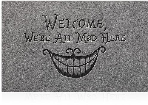 Fußmatte, schmutzabweisend, lichtbeständig, für drinnen und draußen, niedriges Profil, leicht zu reinigen, für Terrasse, Eingang, Ganzjahresmatte, lustig, We're All Mad Here, 60 x 90 cm, Hellgrau
