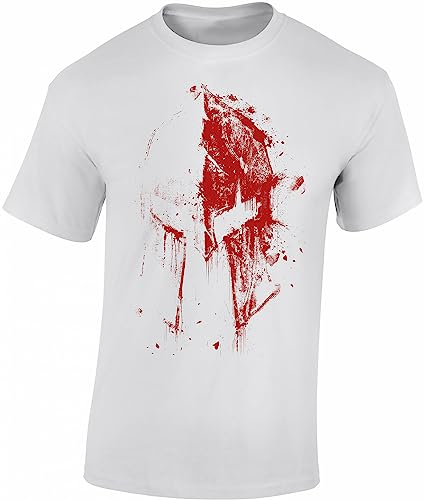 Gym Shirt Herren : Sparta Bluthelm - Spartaner T-Shirt - Spartan Tshirt (Weiss L)