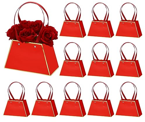 PATIKIL Flower Gift Box, 12 Pcs Paper Bouquet Flower Gift Bag with Handle Trapezoidal Trim Tote Bag for Florist Wedding Party Birthdays Day Bridal Shower, Red