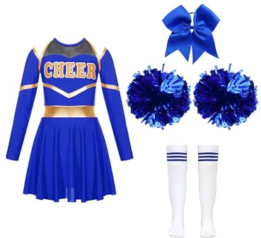 Mädchen Cheer Leader Cheerleading Kostüm Langarm Crop Tops mit Rock Pompoms Socken Halloween Kostüm Karneval Fasching Party