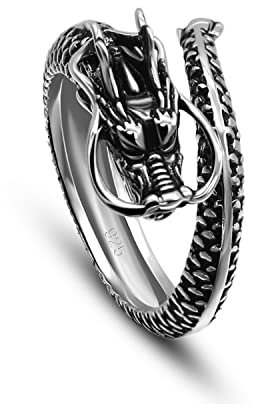 Dankadi Bague Dragon Réglable en 925 Argent Sterling, Anneau Ouverte Animaux Vintage Taille Ajustable Rock Punk Hip Pop Cadeau Bijoux Fête Anniversaire pour Homme Femme (Diamètre 0.76, Style 10.5mm)